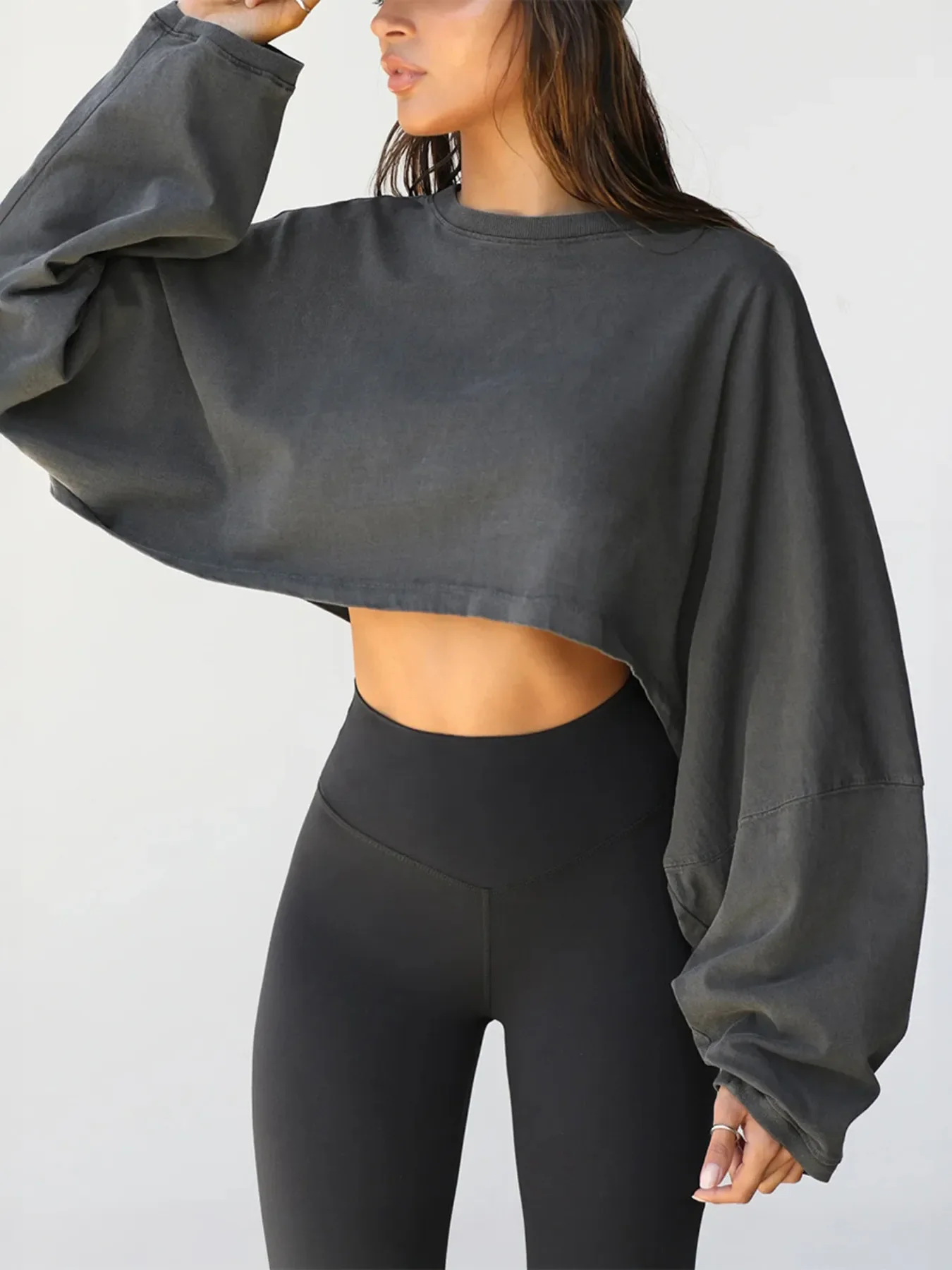 Round Neck Long Sleeve Crop Sweatshirt - Image 3