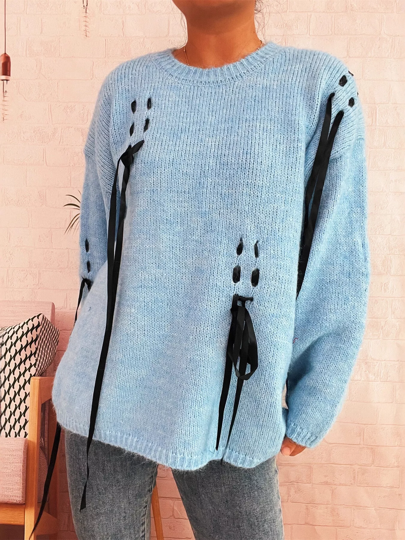 Round Neck Long Sleeve Sweater with Ribbon Details - Image 8