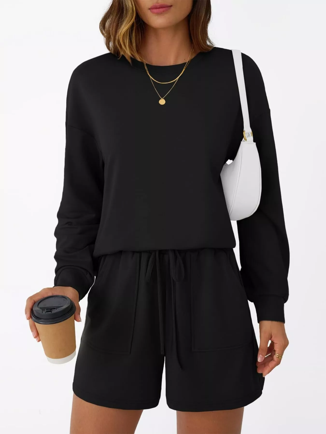 Round Neck Long Sleeve Top and Shorts Set - Image 10