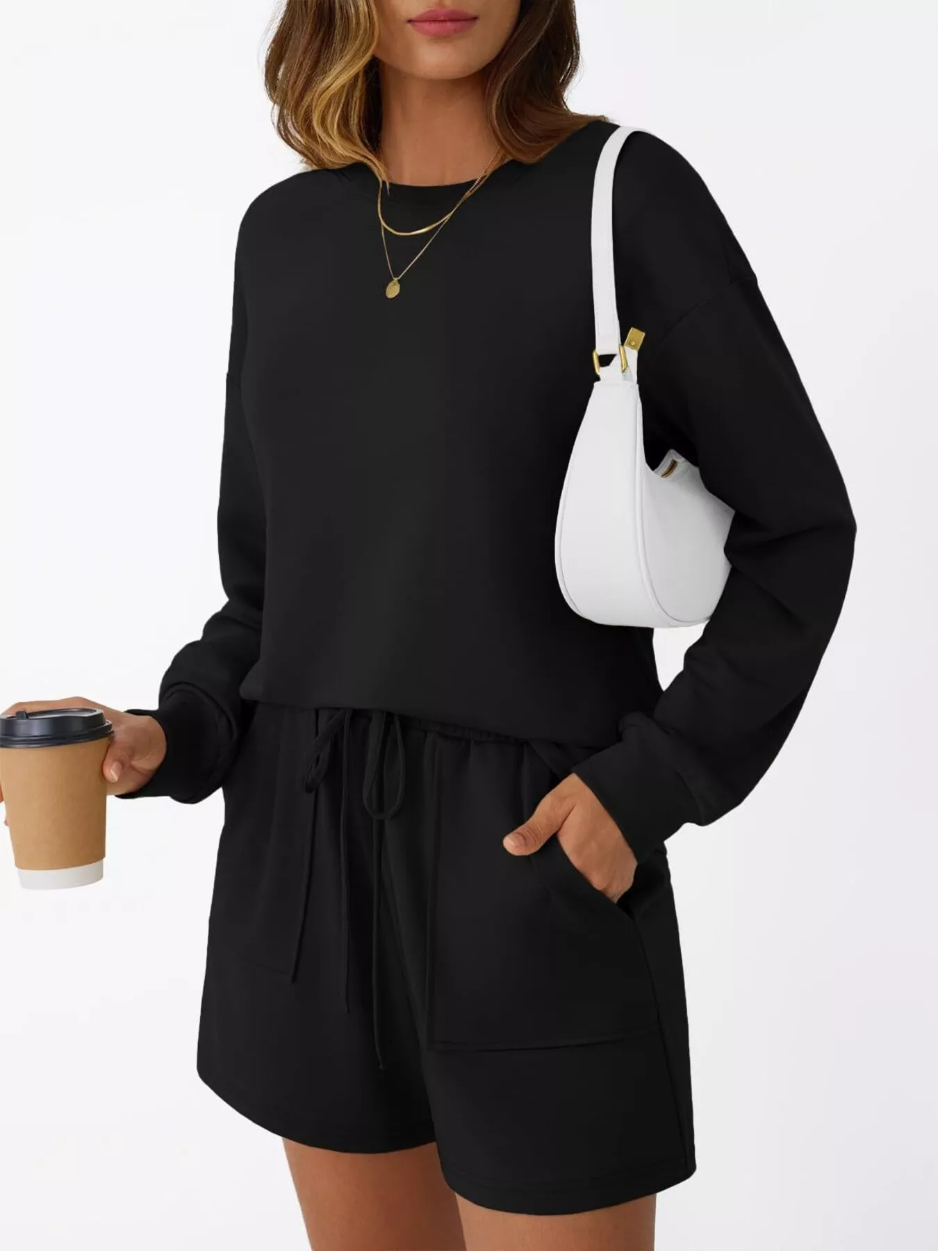 Round Neck Long Sleeve Top and Shorts Set - Image 11