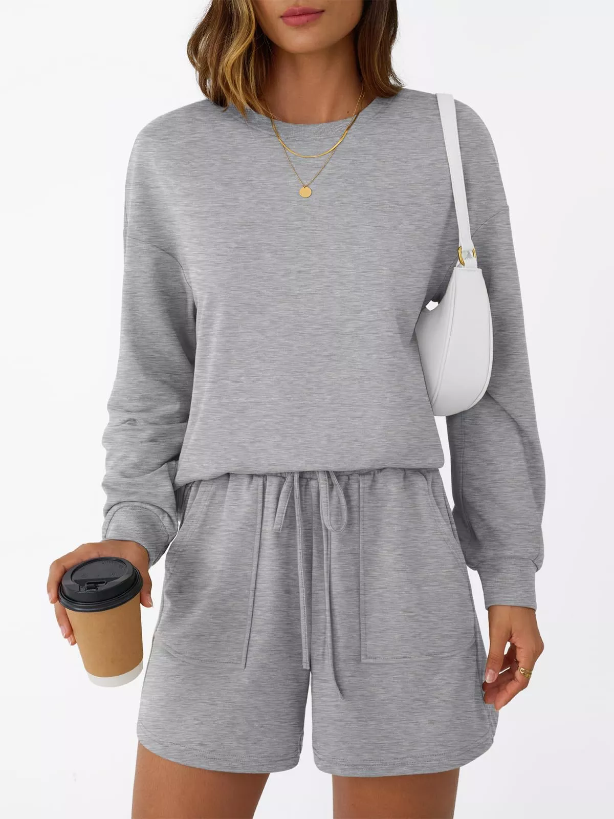 Round Neck Long Sleeve Top and Shorts Set - Image 14