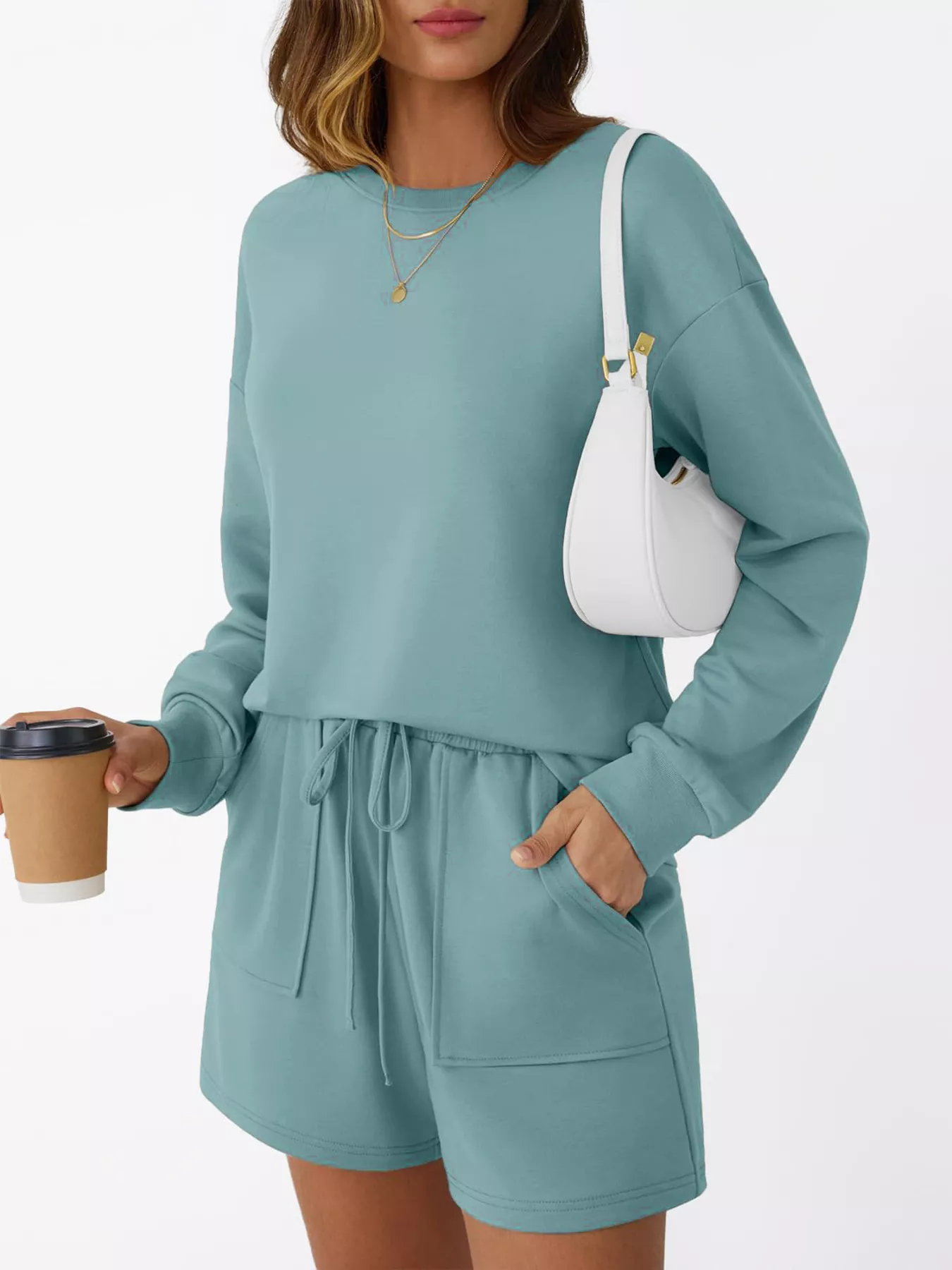 Round Neck Long Sleeve Top and Shorts Set - Image 2
