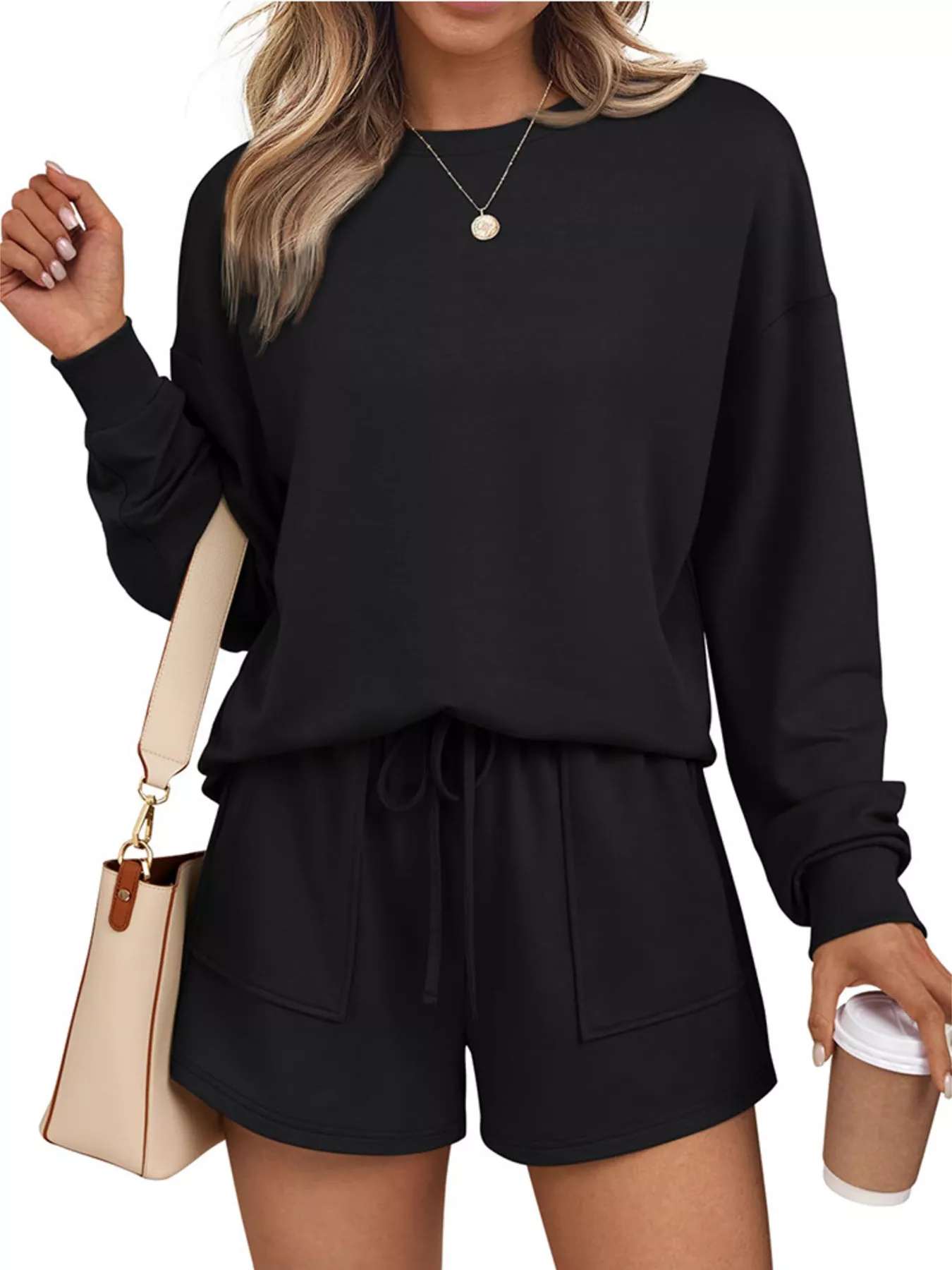 Round Neck Long Sleeve Top and Shorts Set - Image 9
