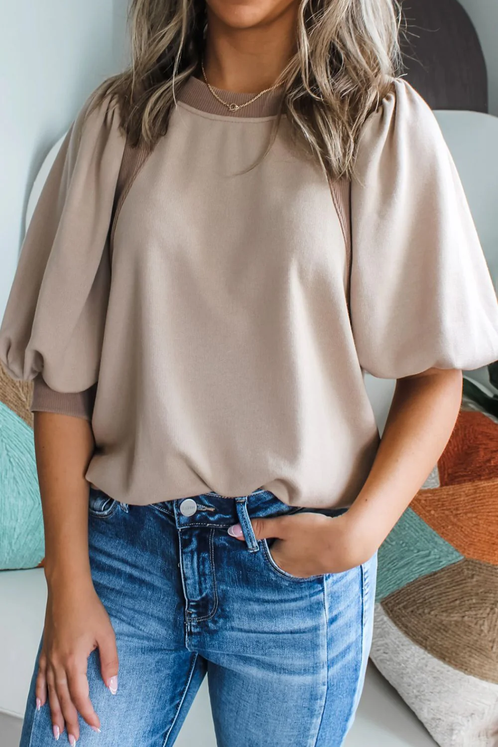 Round Neck Puff Half Sleeve Blouse - Image 2