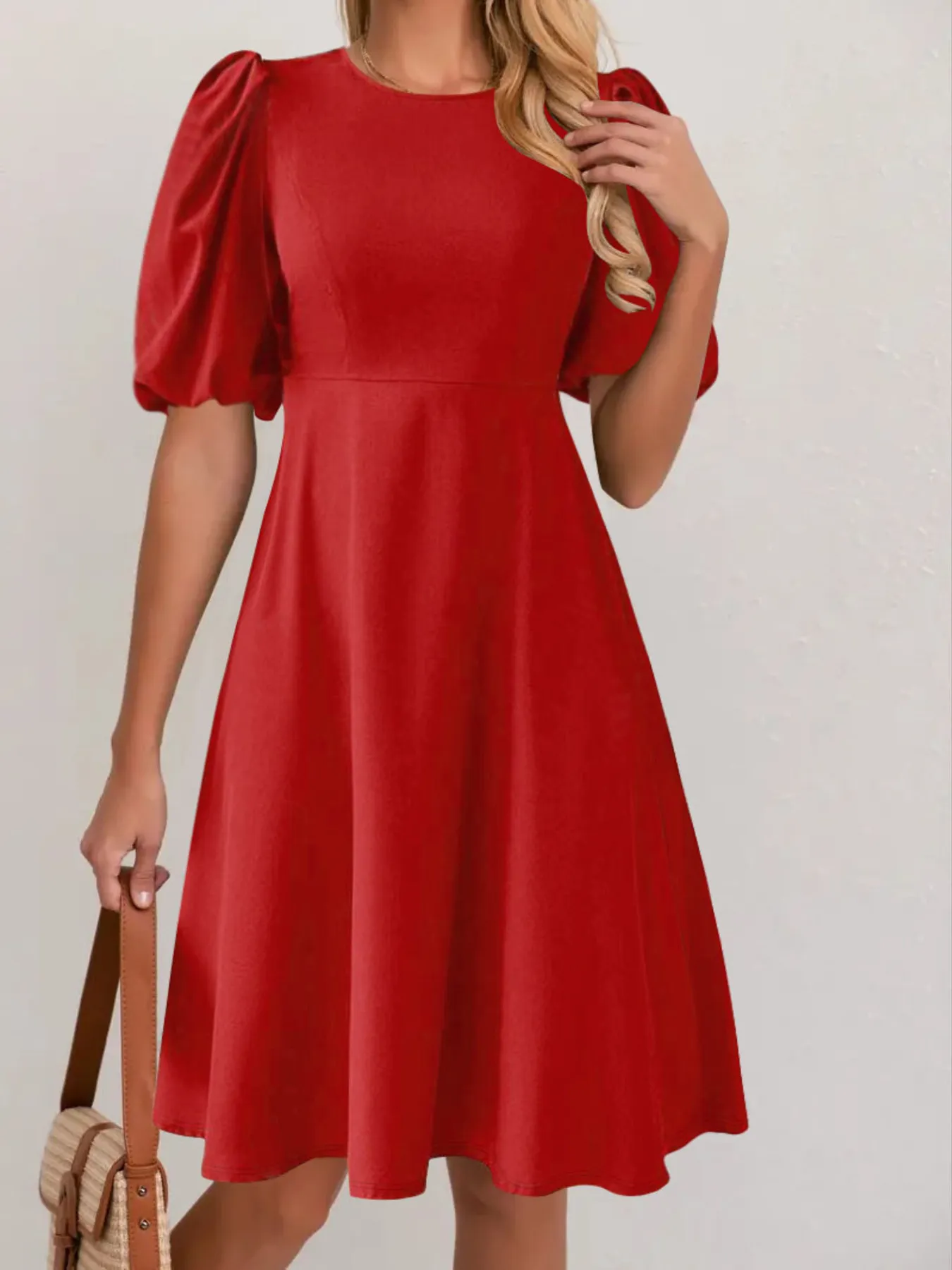 Round Neck Puff Sleeve A-Line Dress - Image 2