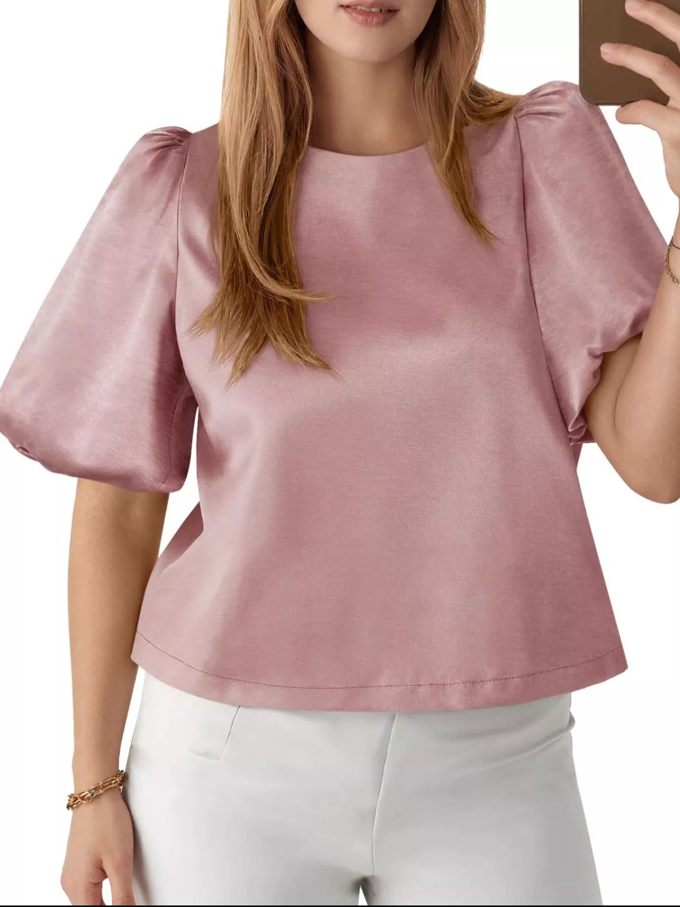 Round Neck Puff Sleeve Satin Top - Image 10