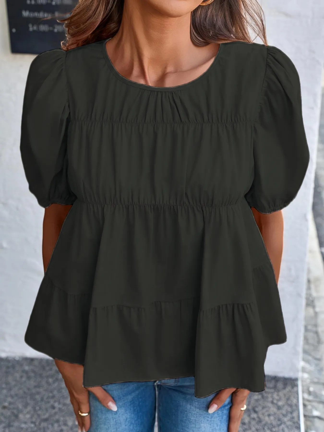Round Neck Puff Sleeve Tiered Blouse - Image 4