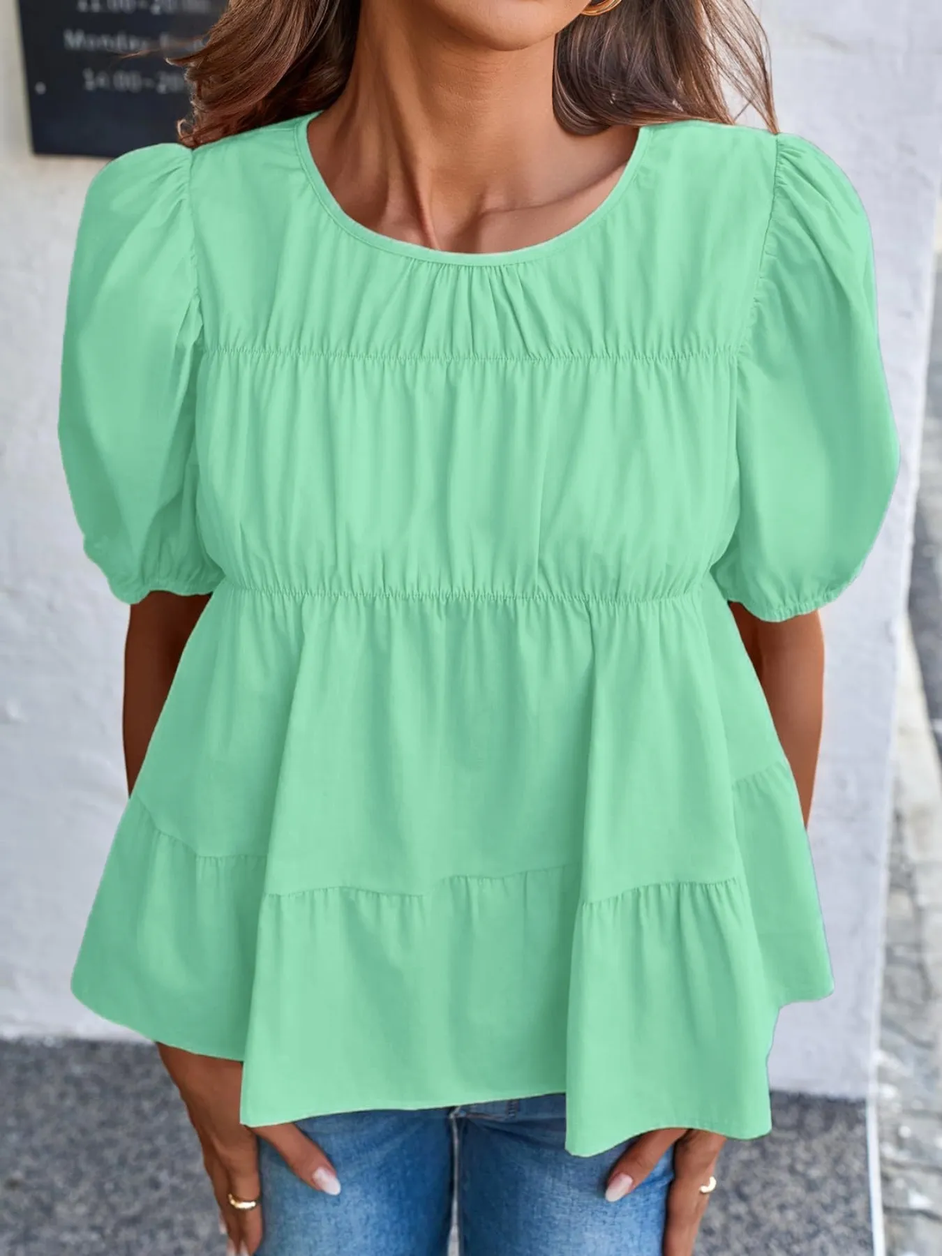 Round Neck Puff Sleeve Tiered Blouse - Image 9