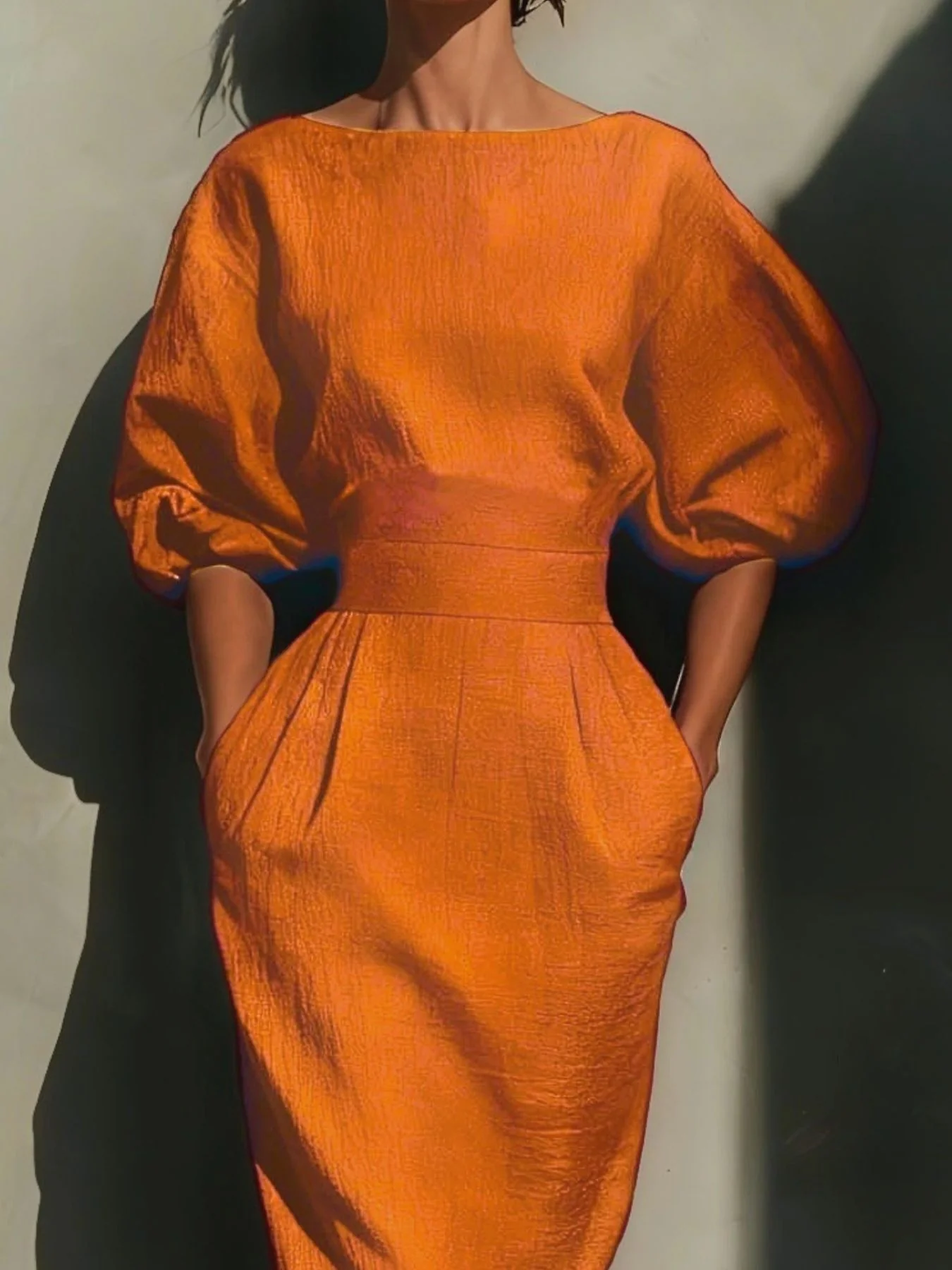 Round Neck Puff Sleeves Midi Dress - Image 2