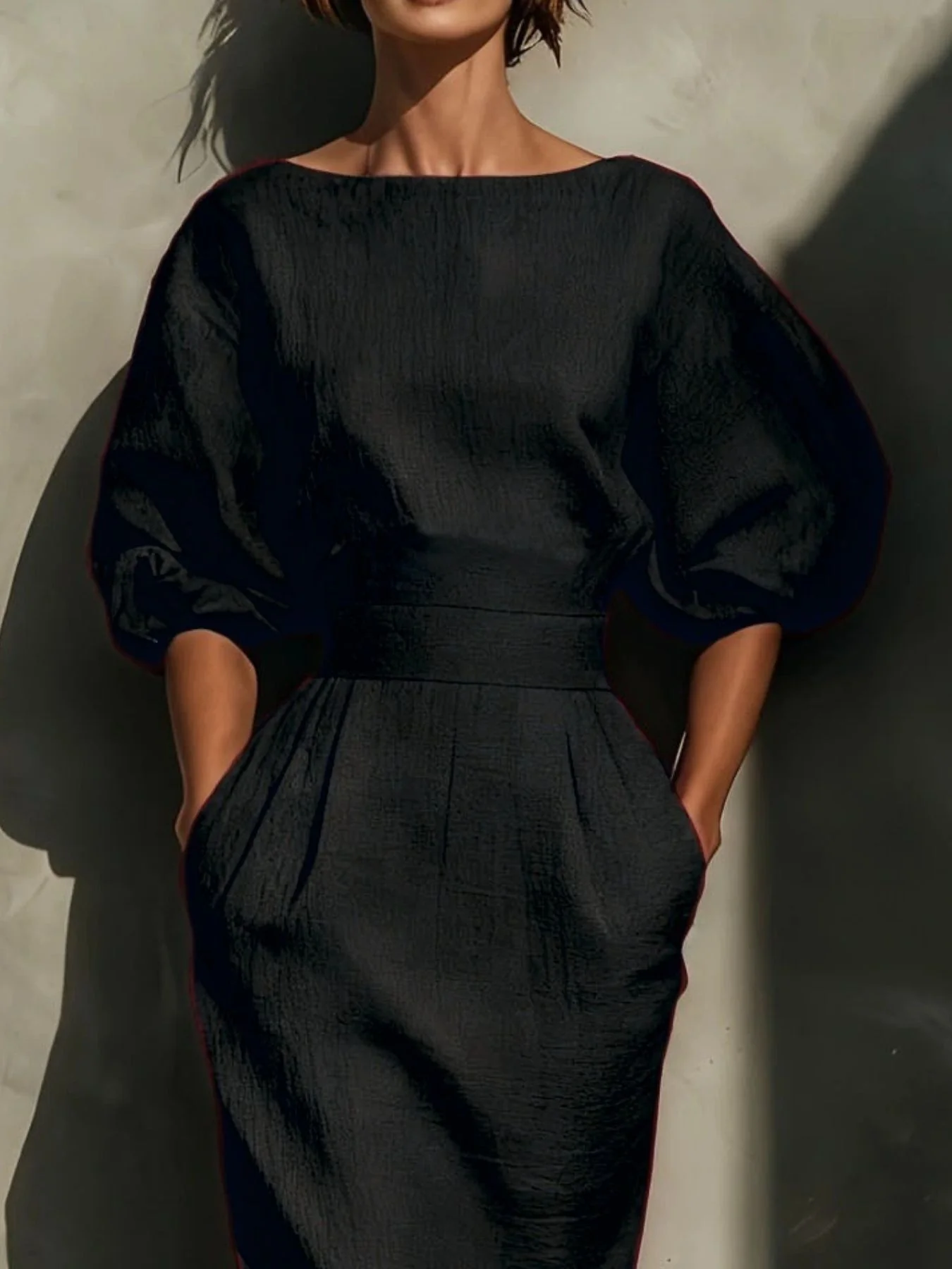 Round Neck Puff Sleeves Midi Dress - Image 4