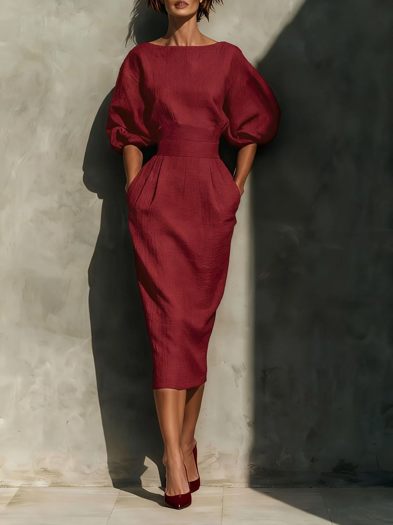 Round Neck Puff Sleeves Midi Dress - Image 5