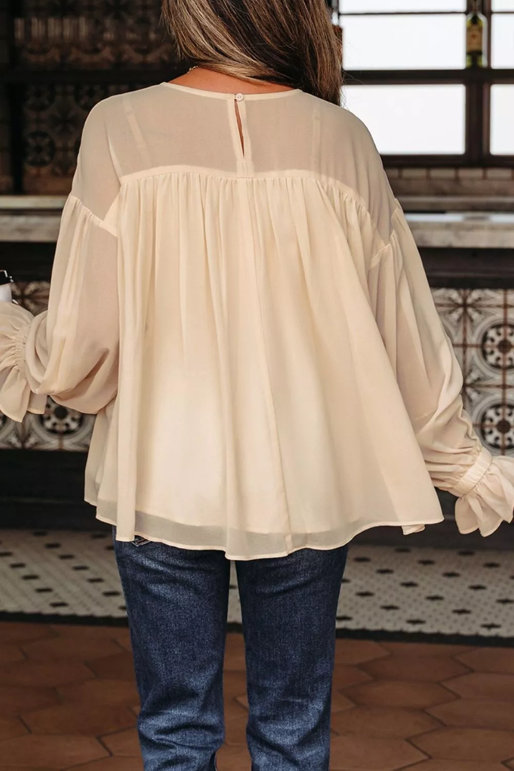 Round Neck Ruffle Sleeve Blouse - Image 2