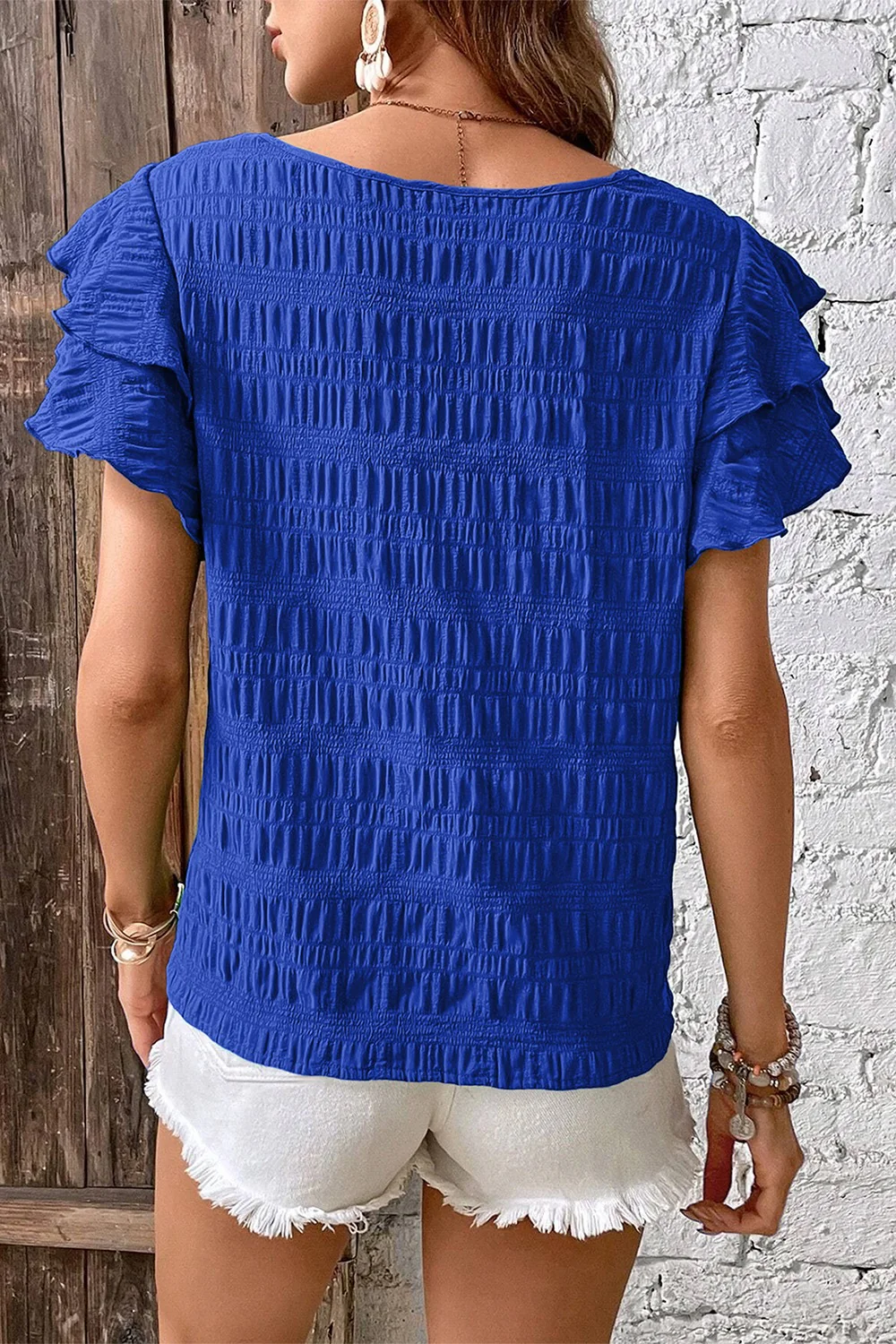 Round Neck Ruffle Sleeve Blouse - Image 3