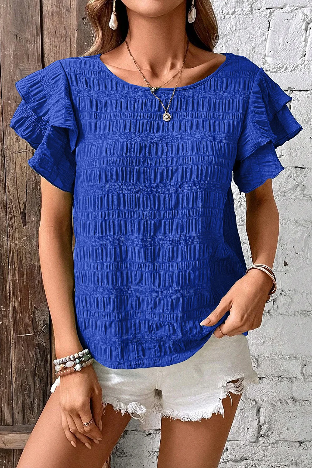 Round Neck Ruffle Sleeve Blouse - Image 4
