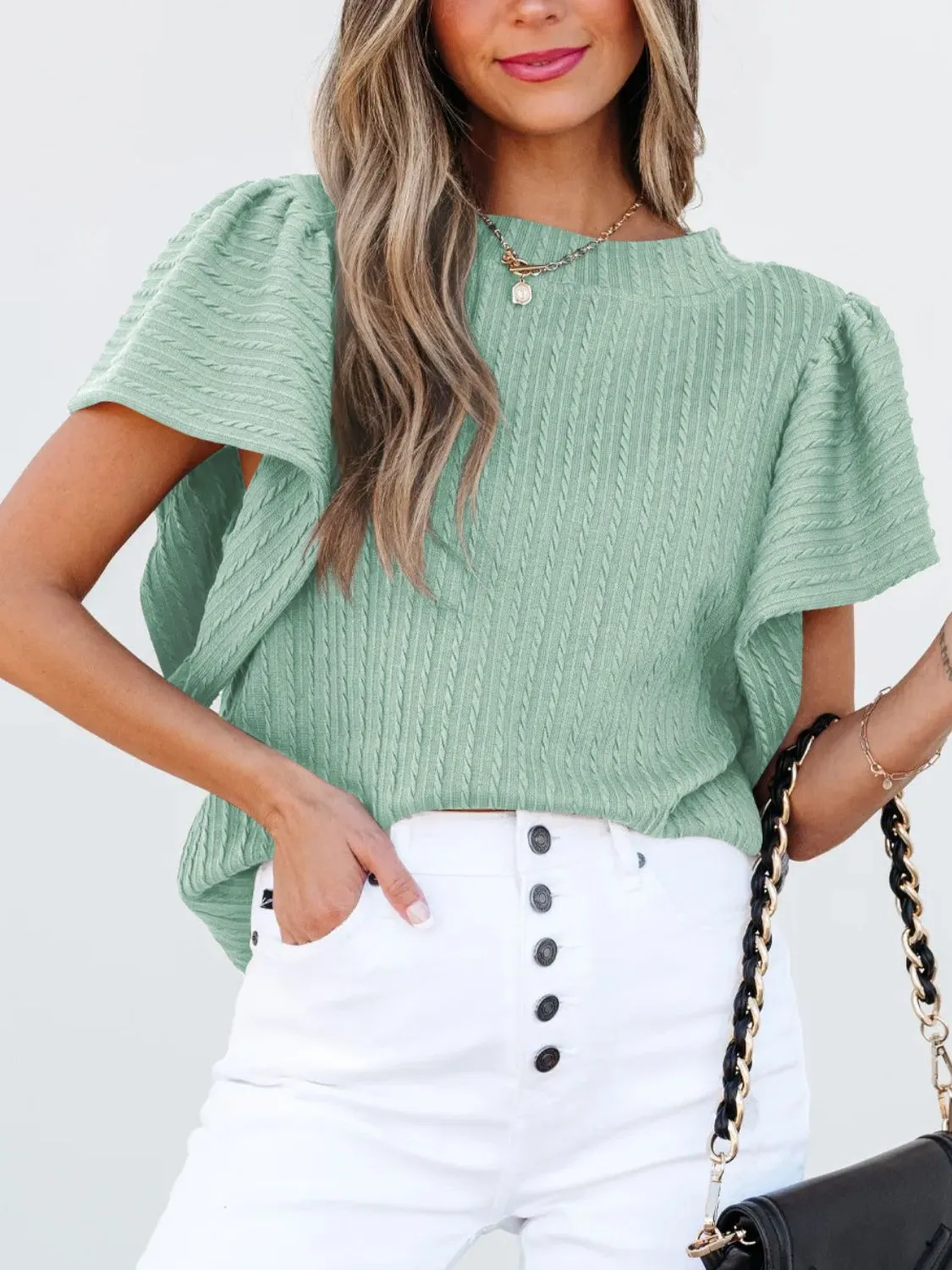 Round Neck Ruffle Sleeve Top - Image 4