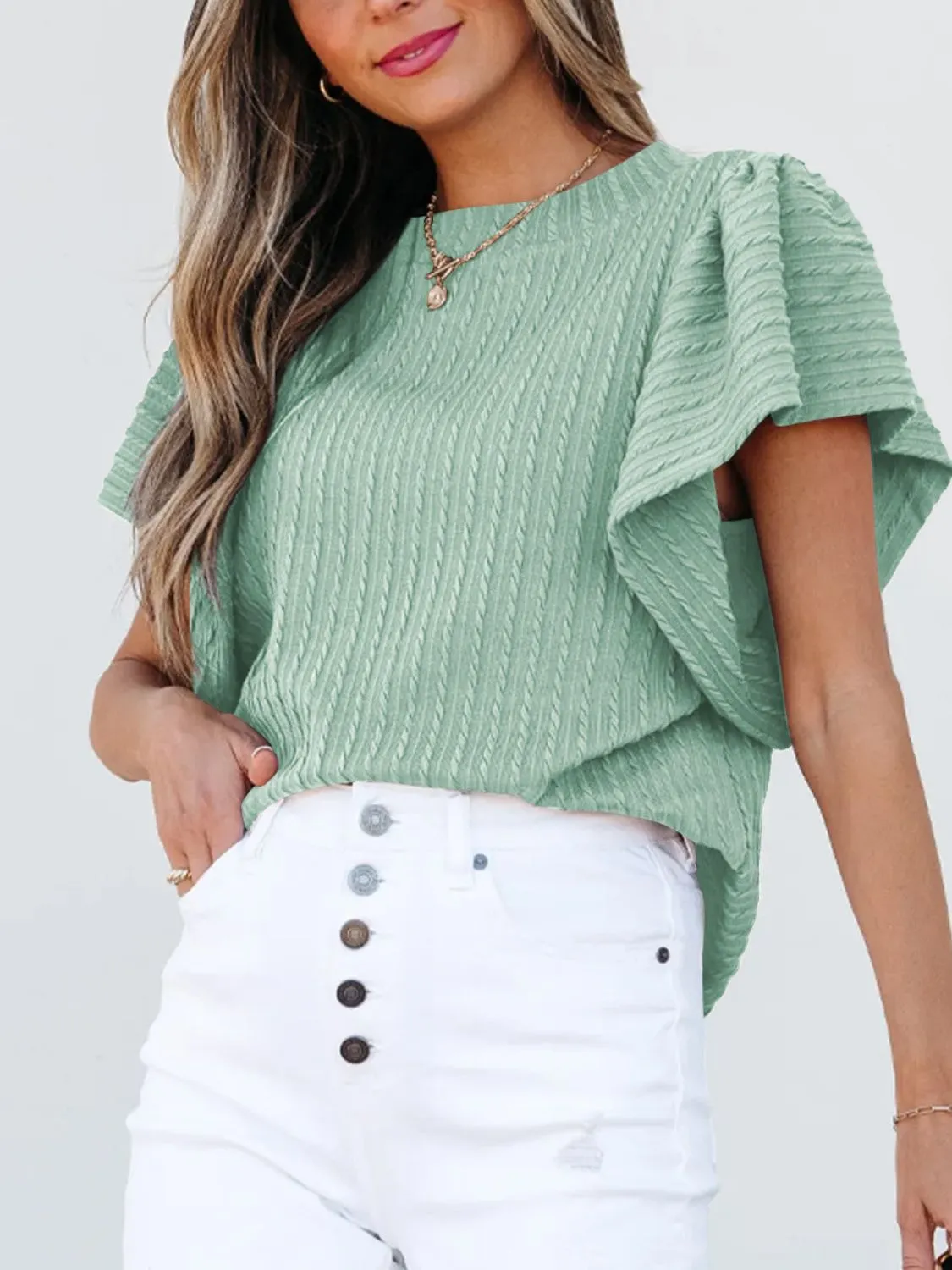 Round Neck Ruffle Sleeve Top - Image 5