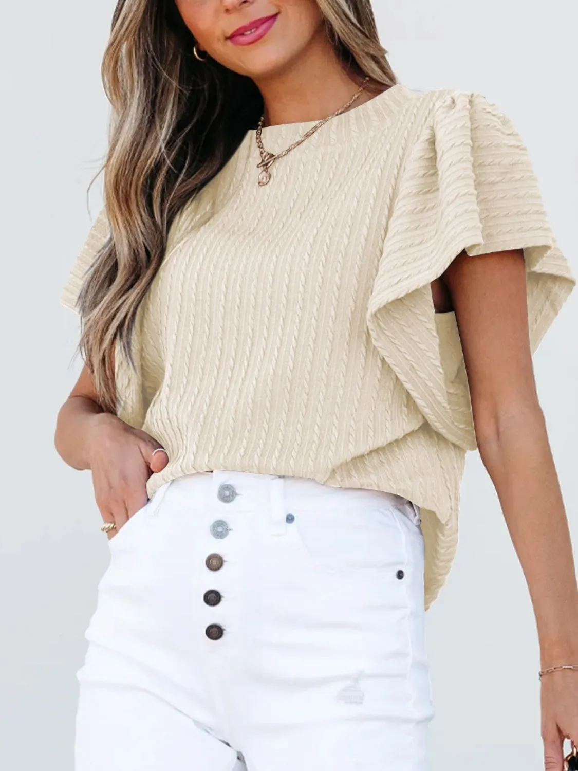 Round Neck Ruffle Sleeve Top - Image 8