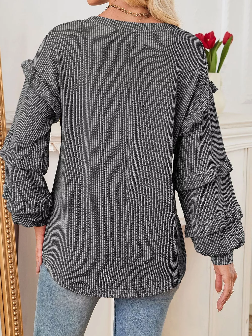 Round Neck Ruffled Long Sleeve Sweatshirt - Image 2