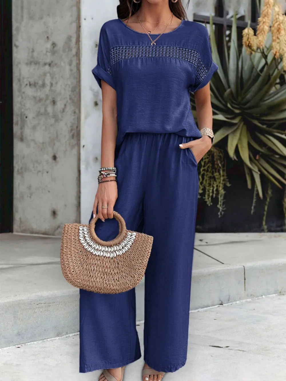 Round Neck Short Sleeve Top and Pants Set - Image 7