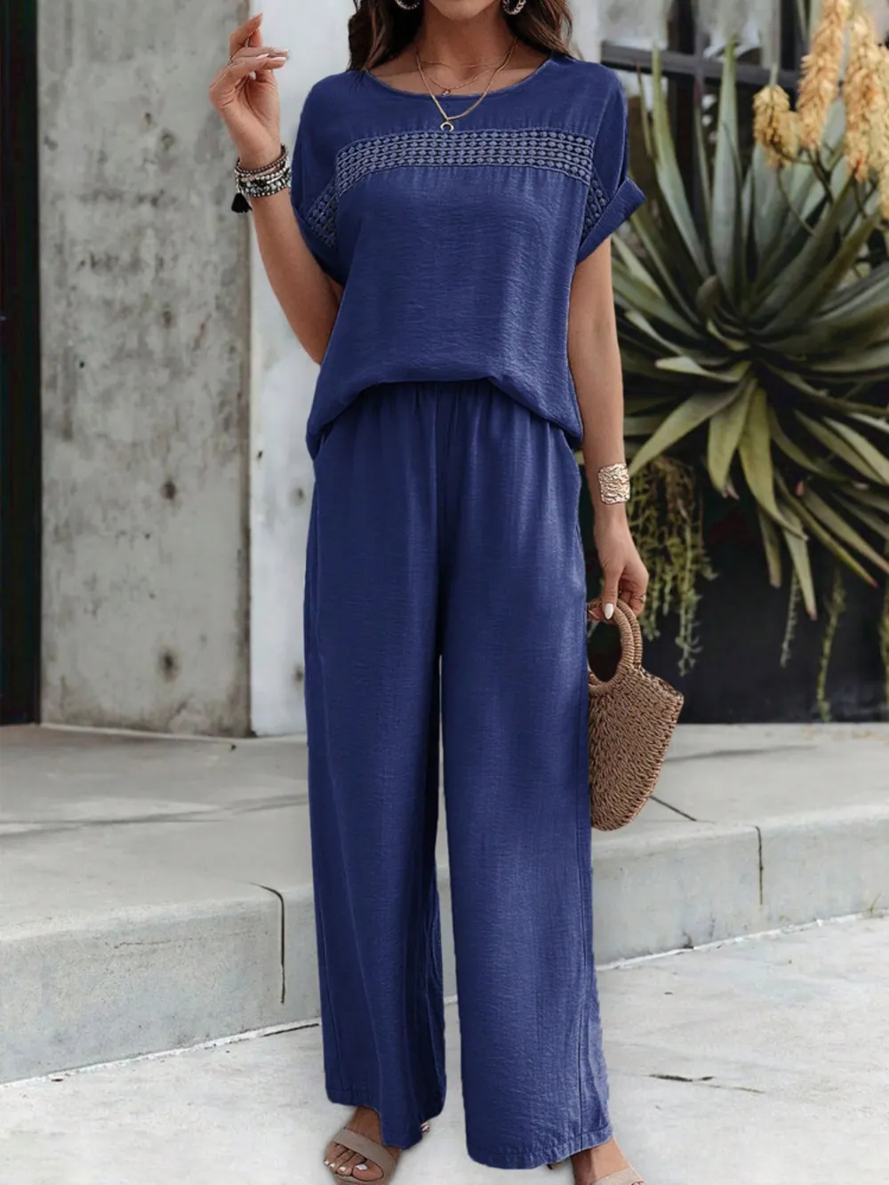 Round Neck Short Sleeve Top and Pants Set - Image 8