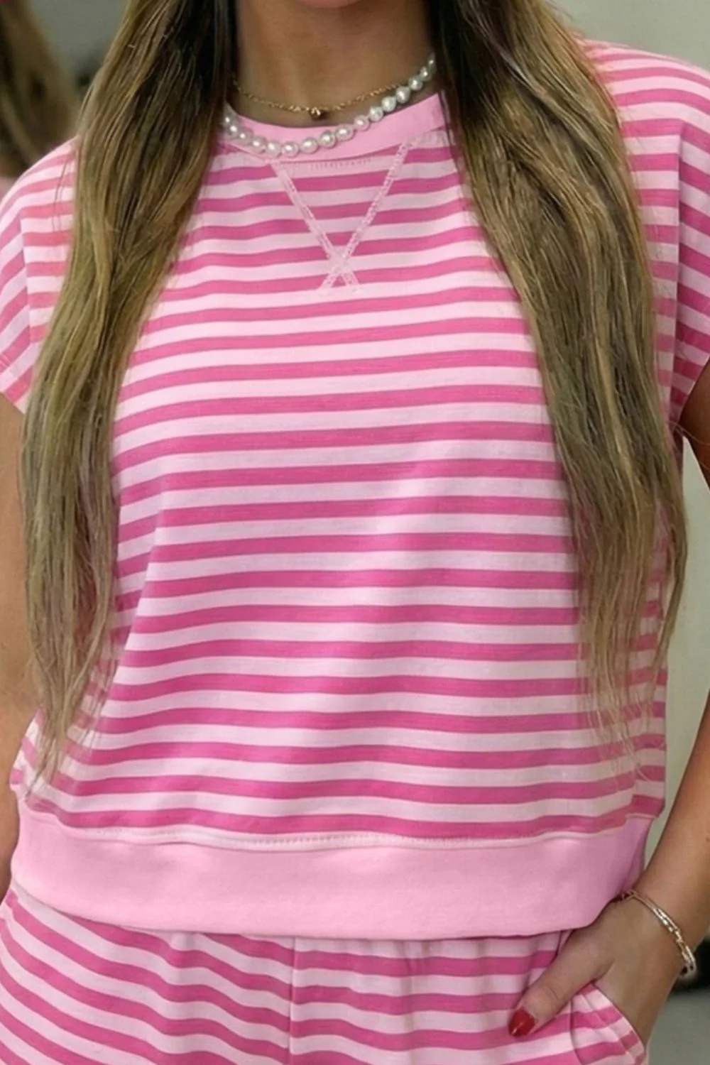 Round Neck Striped Top and Shorts Set - Image 3
