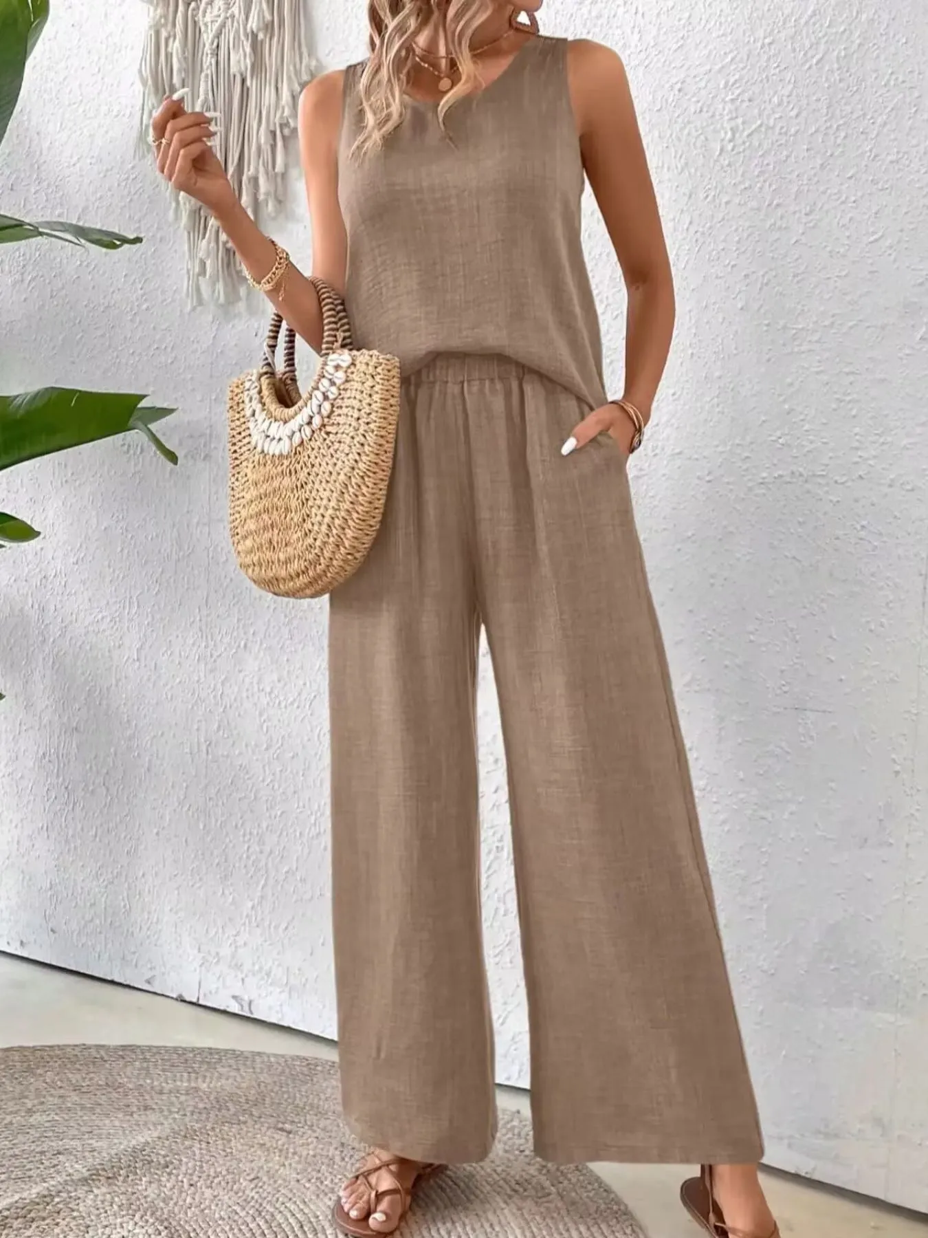 Round Neck Tank and Wide Leg Pants Set - Image 8