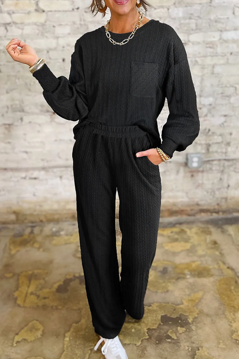 Round Neck Top and Pants Set - Image 2