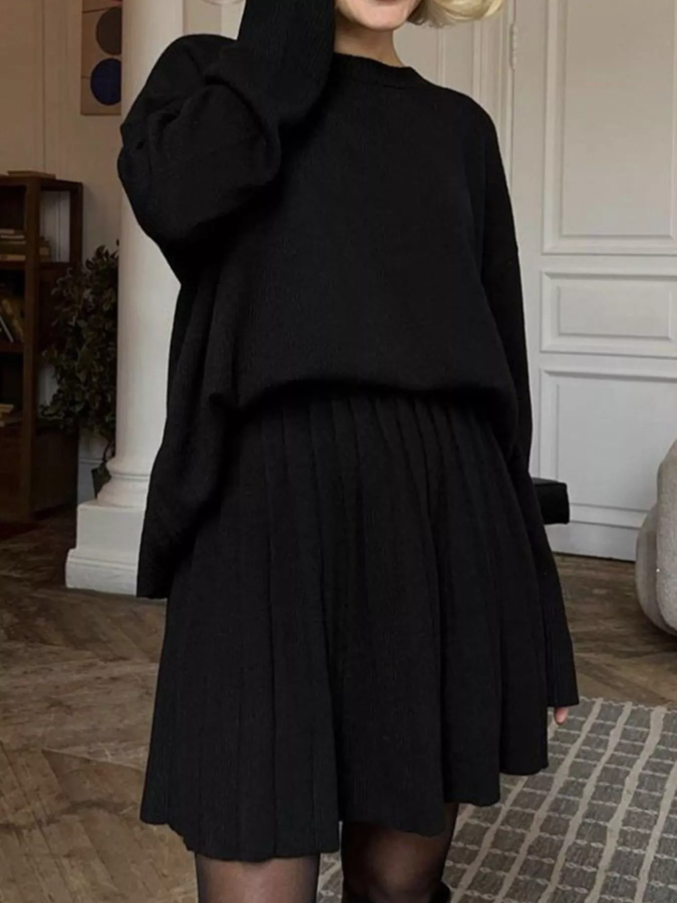 Round Neck Top and Pleated Skirt Sweater Set - Image 7