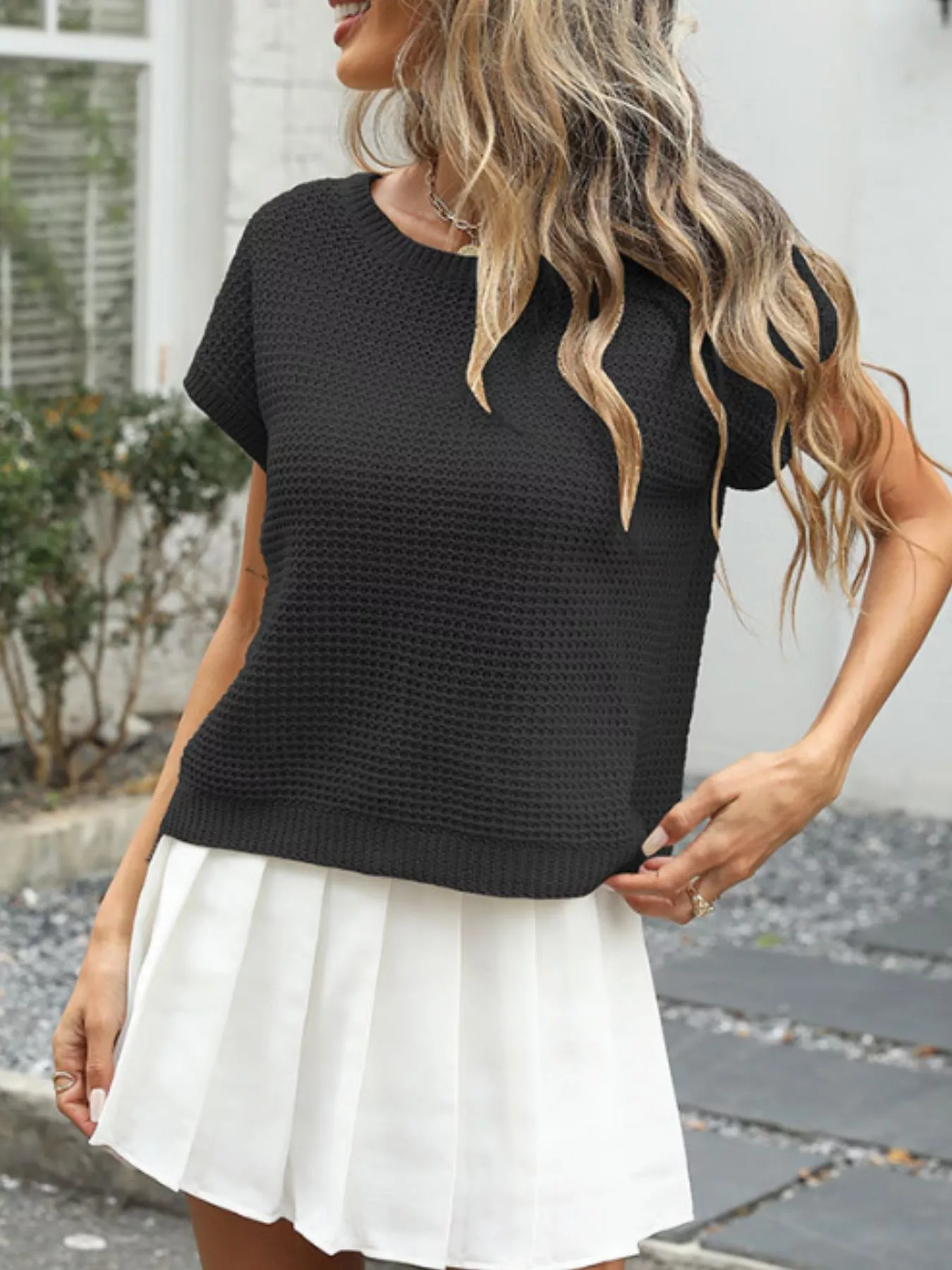 Round Neck Waffle Knit Top - Image 8