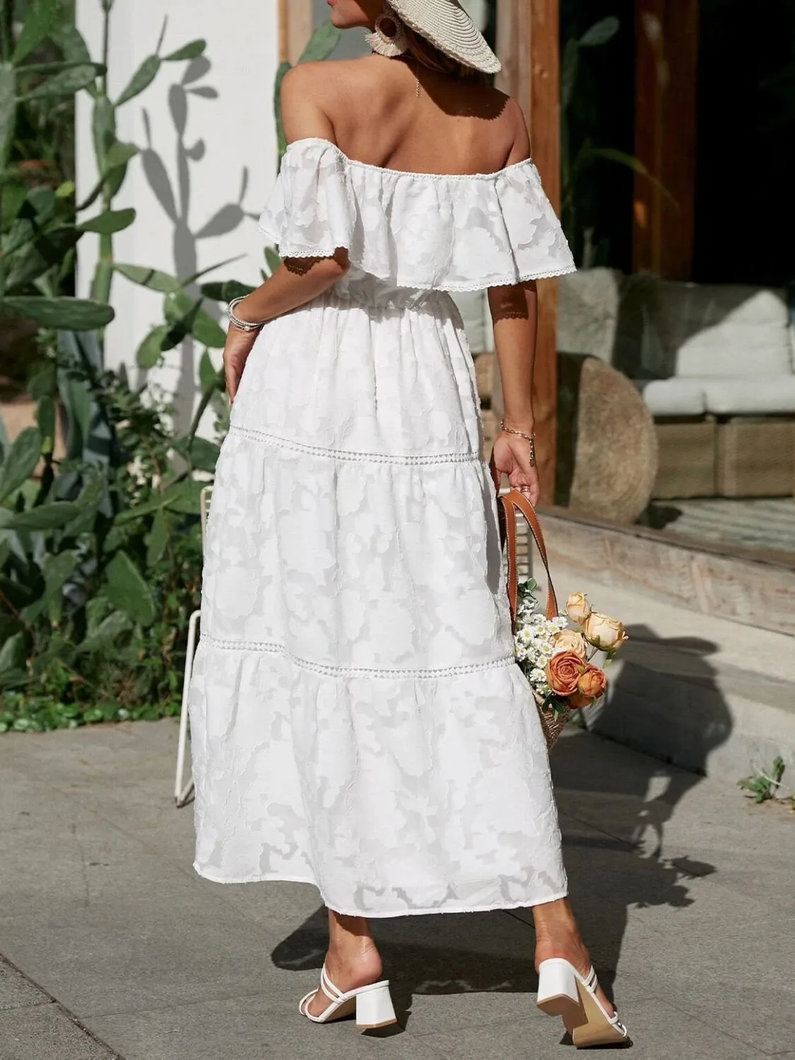 Ruched Off Shoulder Short Sleeve Midi Dress - Image 4