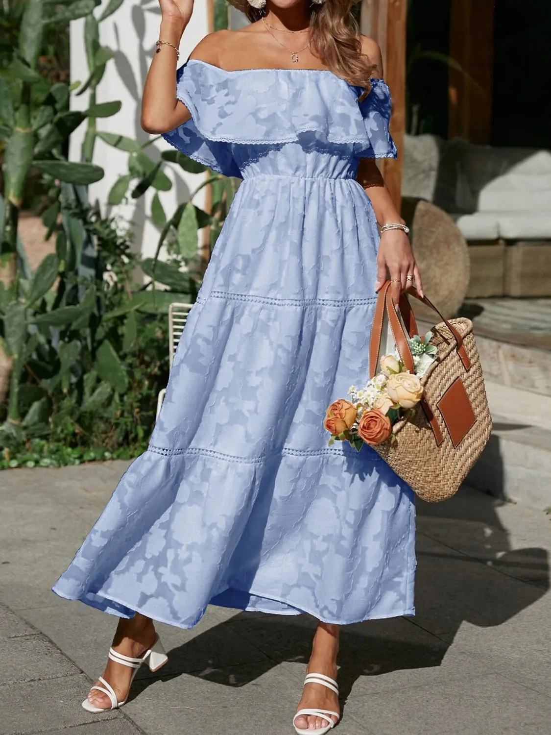 Ruched Off Shoulder Short Sleeve Midi Dress - Image 9