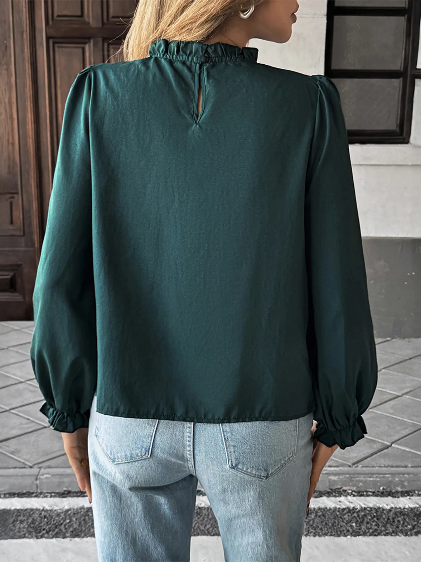 Ruched Round Neck Long Sleeve Blouse - Image 5