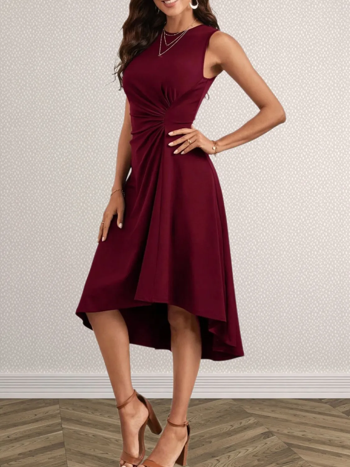 Ruched Round Neck Sleeveless Dress - Image 14