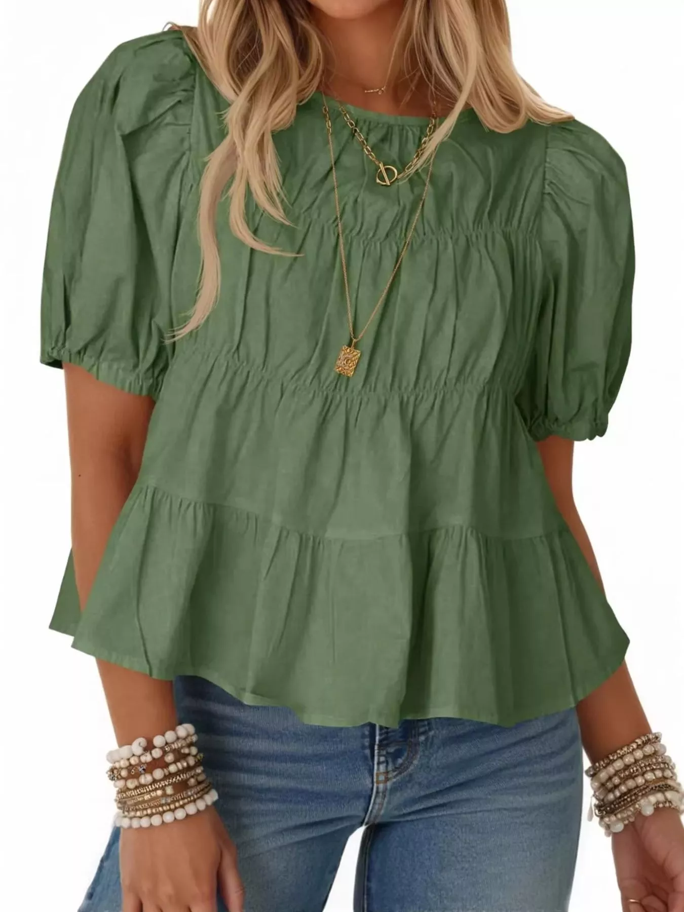 Ruched Tiered Puff Sleeve Blouse - Image 25
