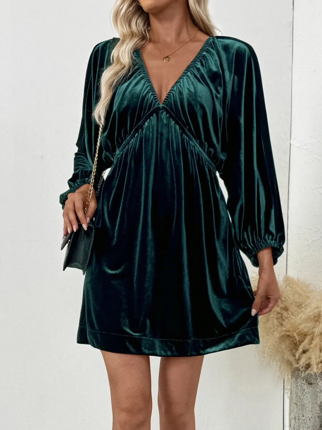 Ruched V-Neck Balloon Sleeve Dress - Image 2