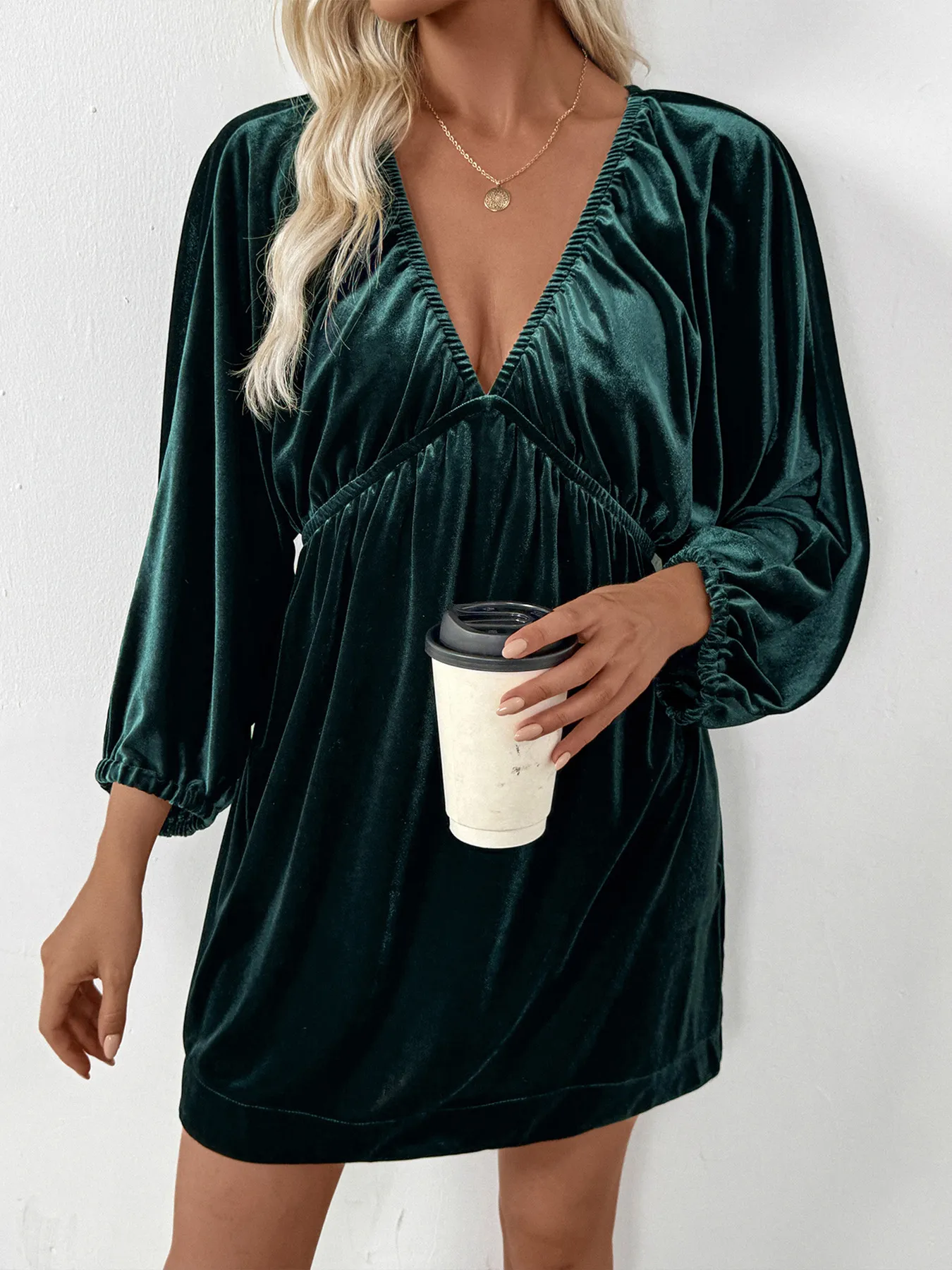 Ruched V-Neck Balloon Sleeve Dress - Image 4