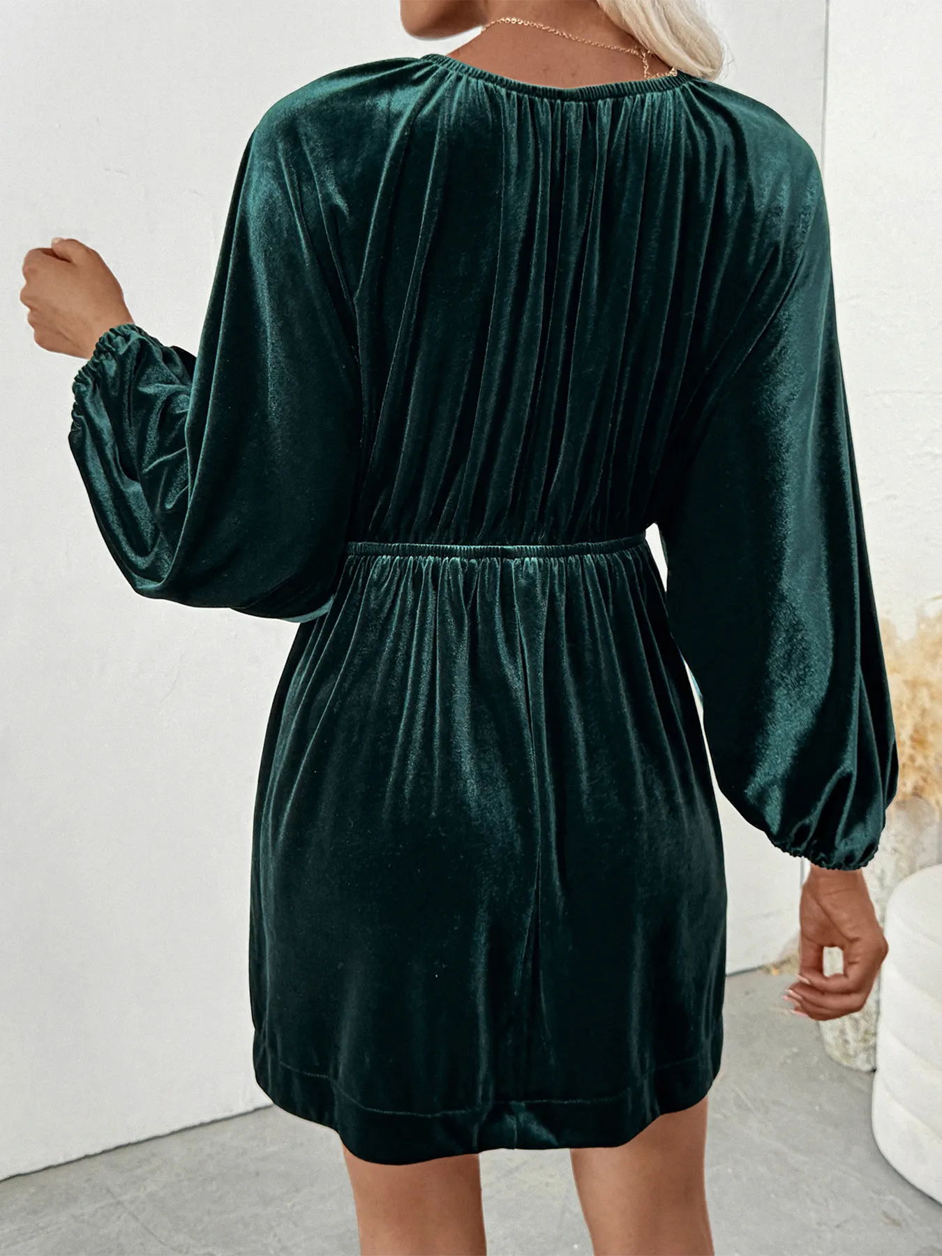 Ruched V-Neck Balloon Sleeve Dress - Image 6