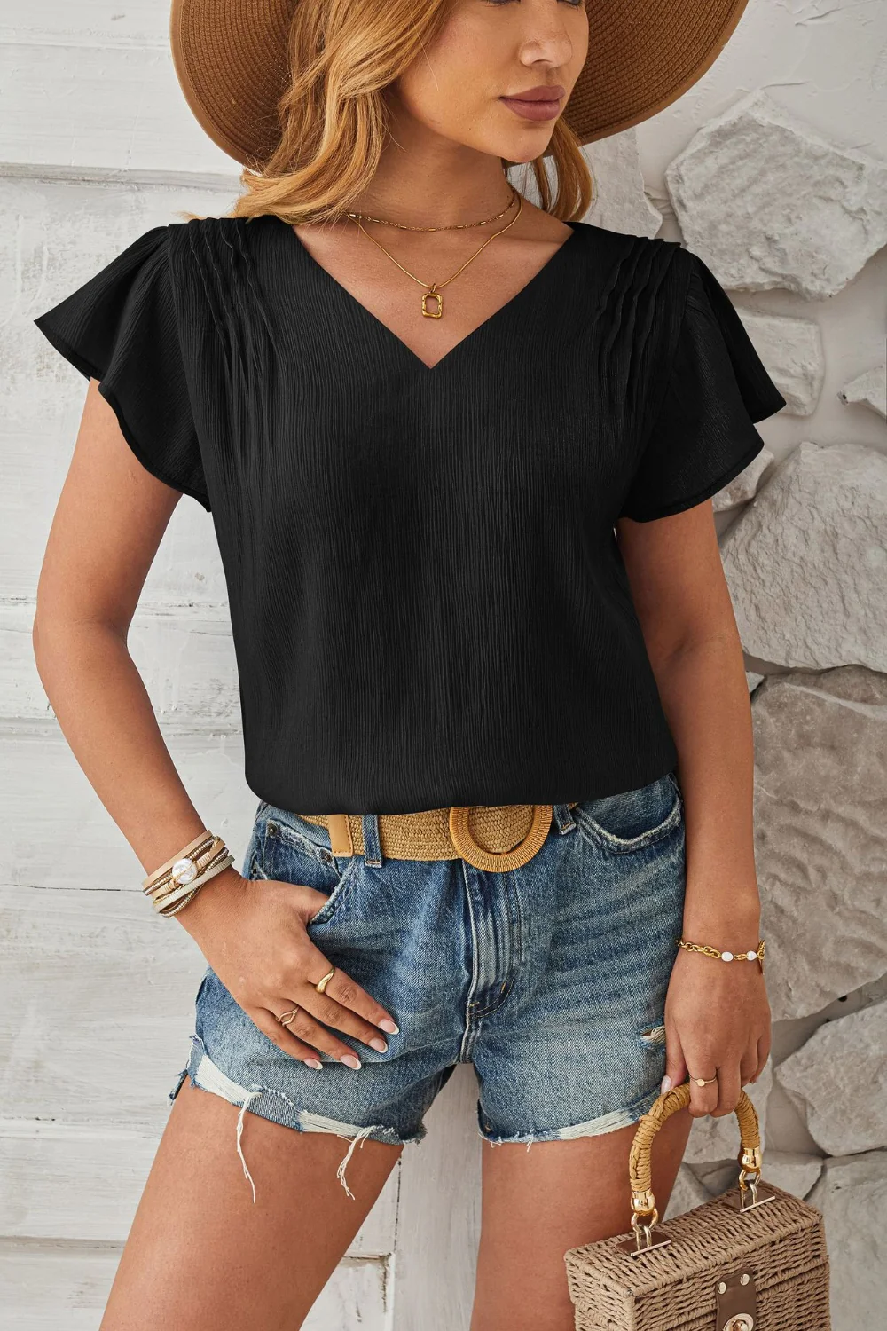 Ruched V-Neck Flounce Sleeve Blouse - Image 13