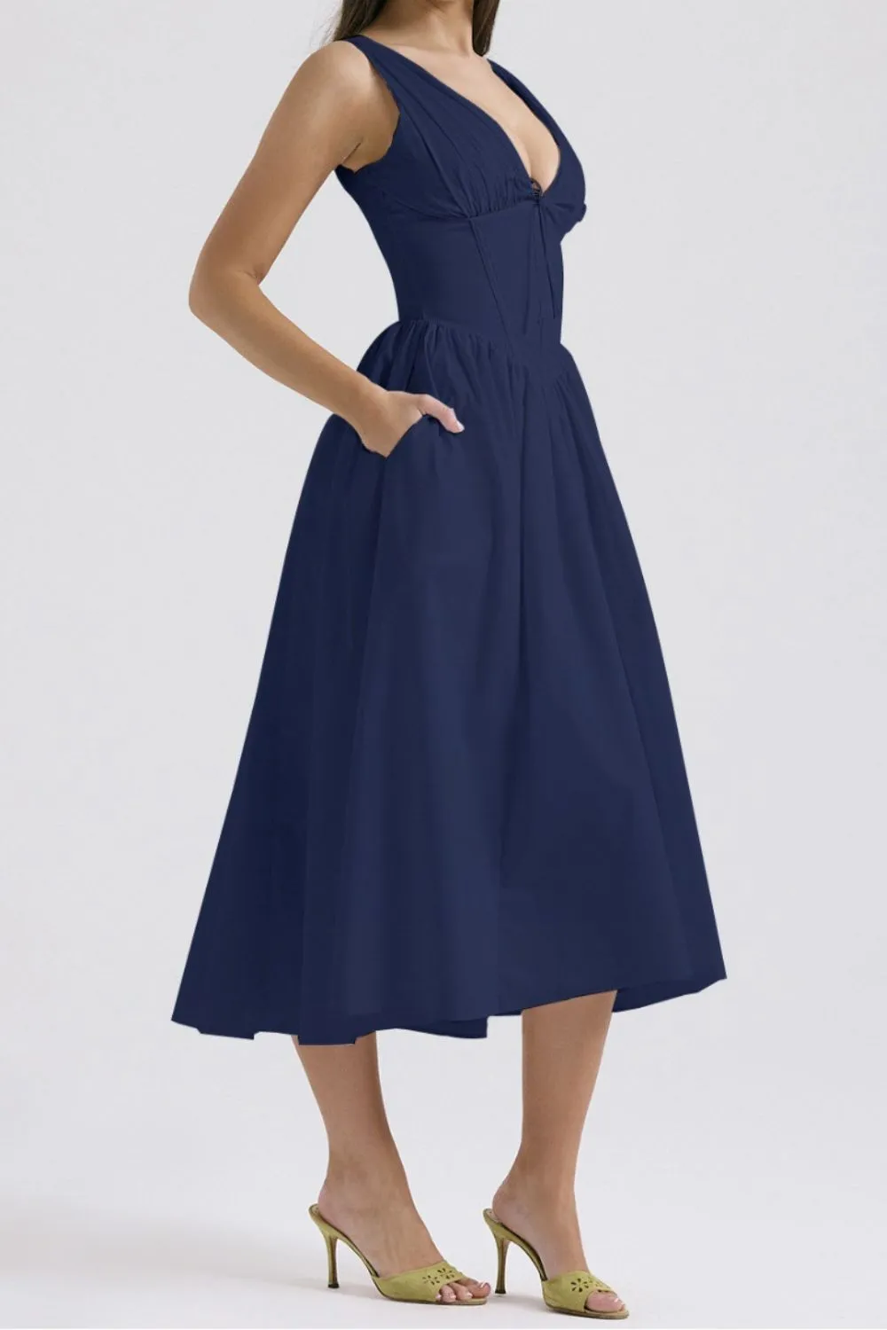 Ruched V-Neck Sleeveless Dress with Pockets - Image 12
