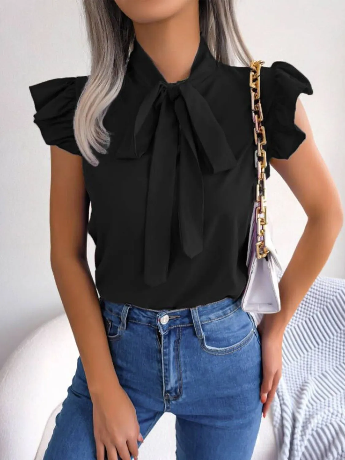 Ruffle Cap Sleeve Bow Tie Blouse - Image 12