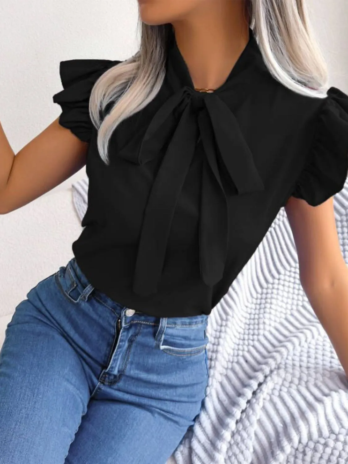 Ruffle Cap Sleeve Bow Tie Blouse - Image 13