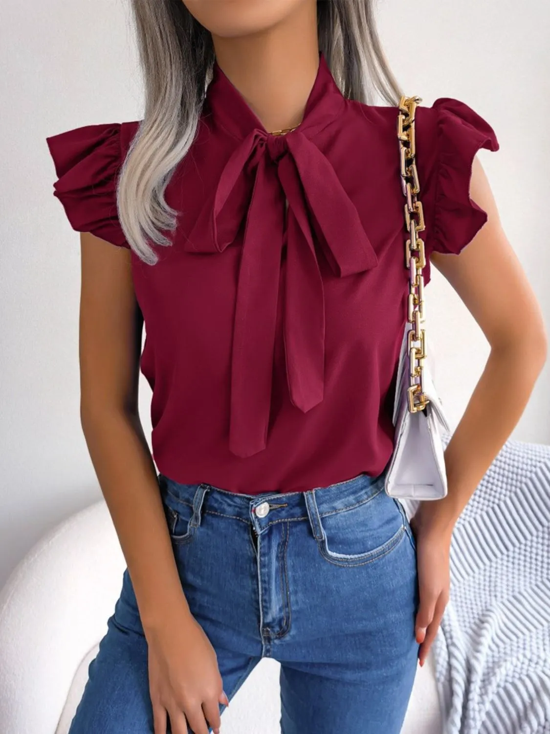 Ruffle Cap Sleeve Bow Tie Blouse - Image 17