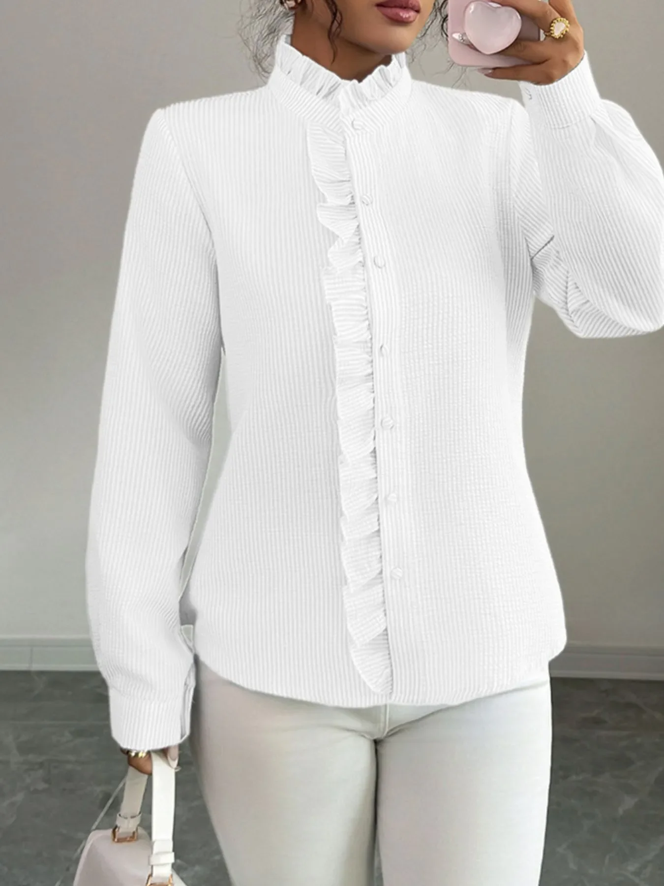 Ruffle Front Striped Button-Up Shirt - Image 11