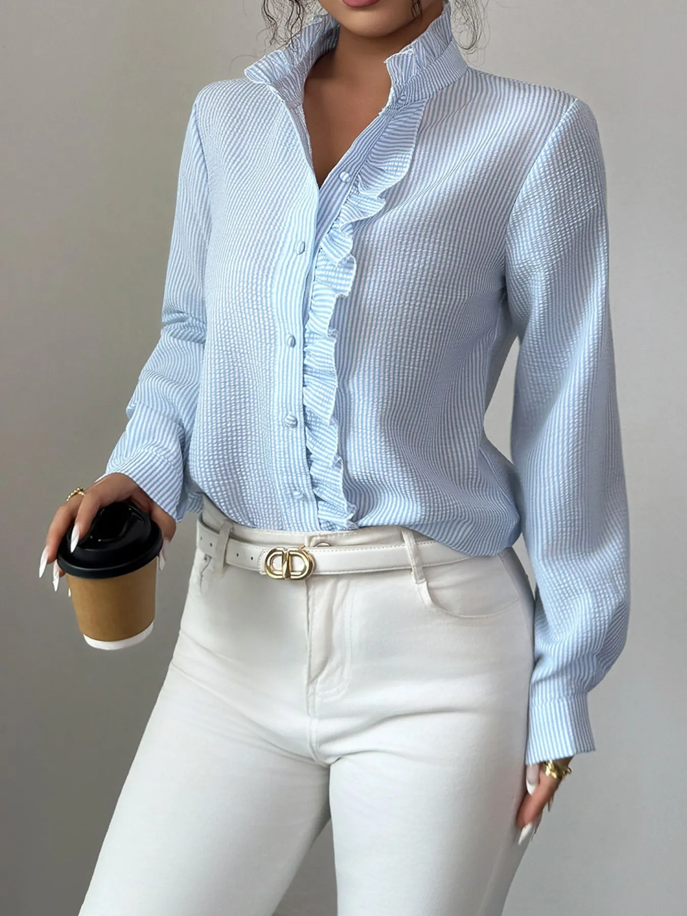 Ruffle Front Striped Button-Up Shirt - Image 2