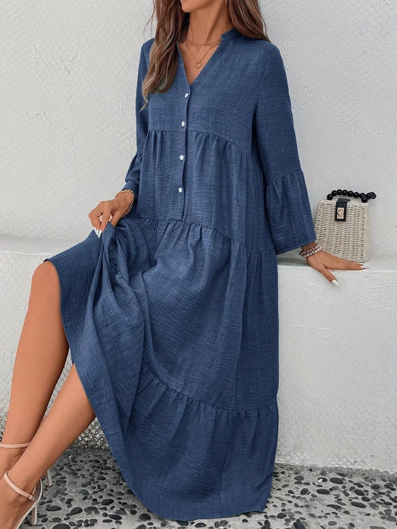 Ruffle Hem Button Front Tiered Dress - Image 14