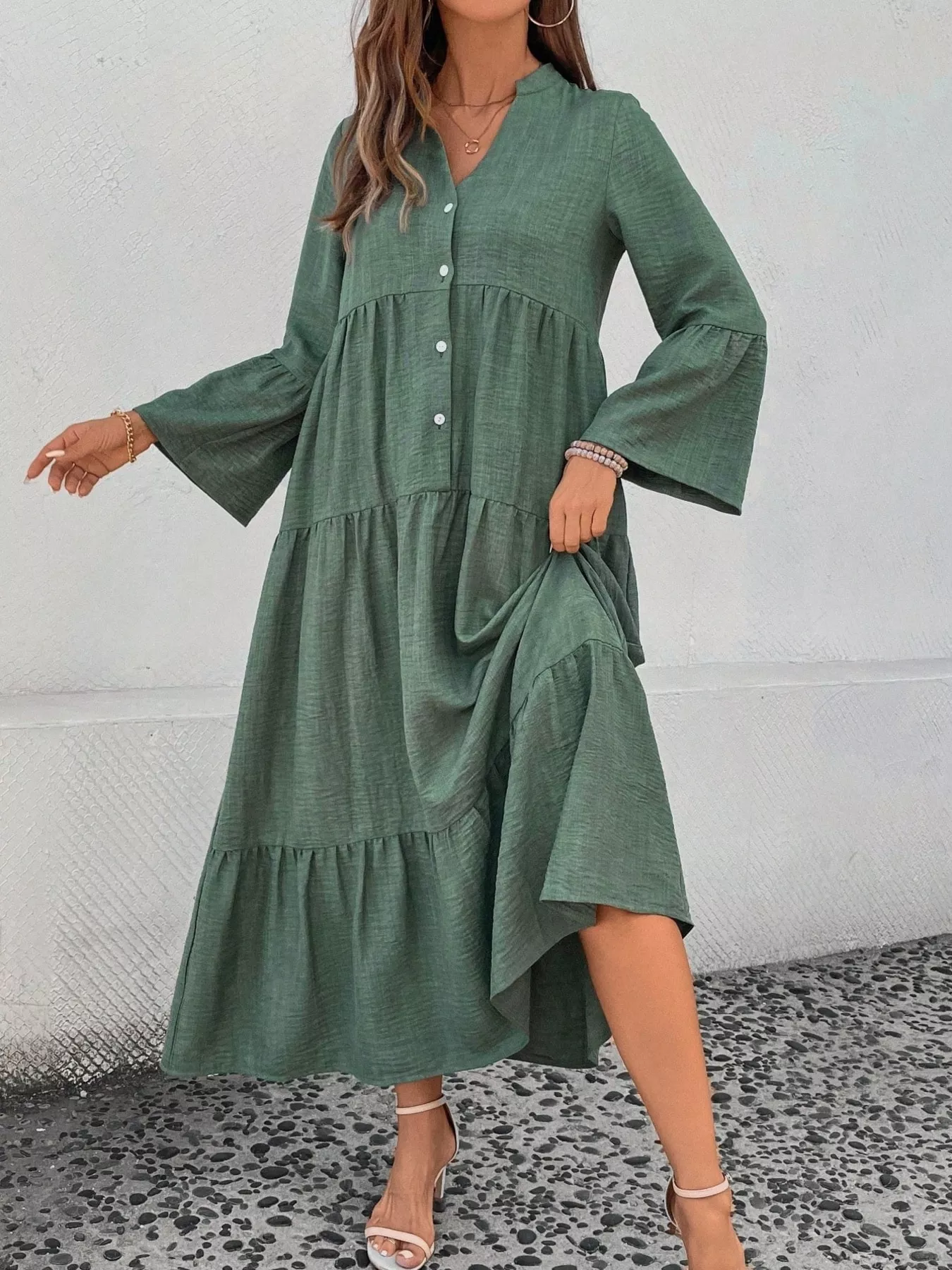 Ruffle Hem Button Front Tiered Dress - Image 8