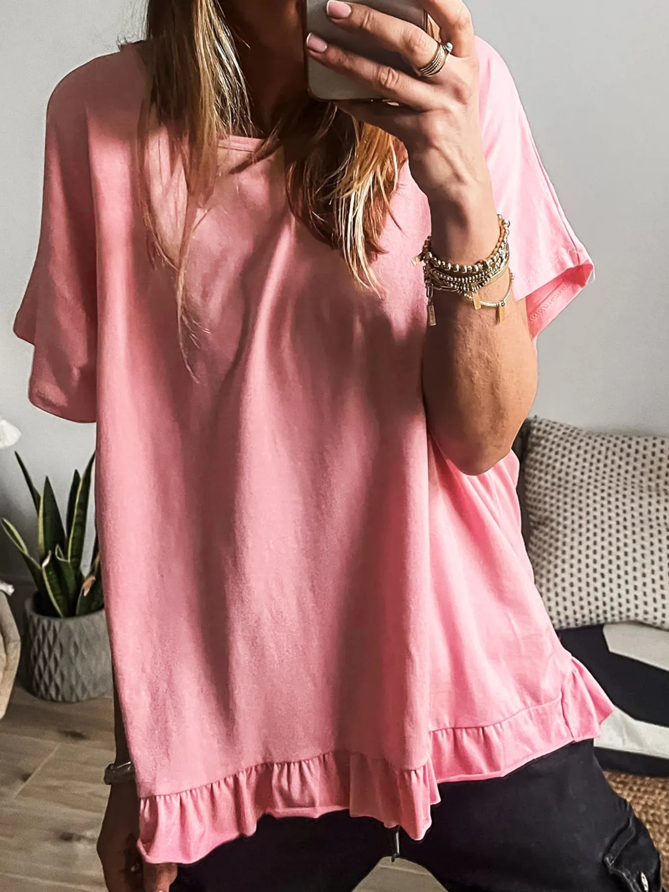Ruffle Hem Round Neck Relaxed T-Shirt