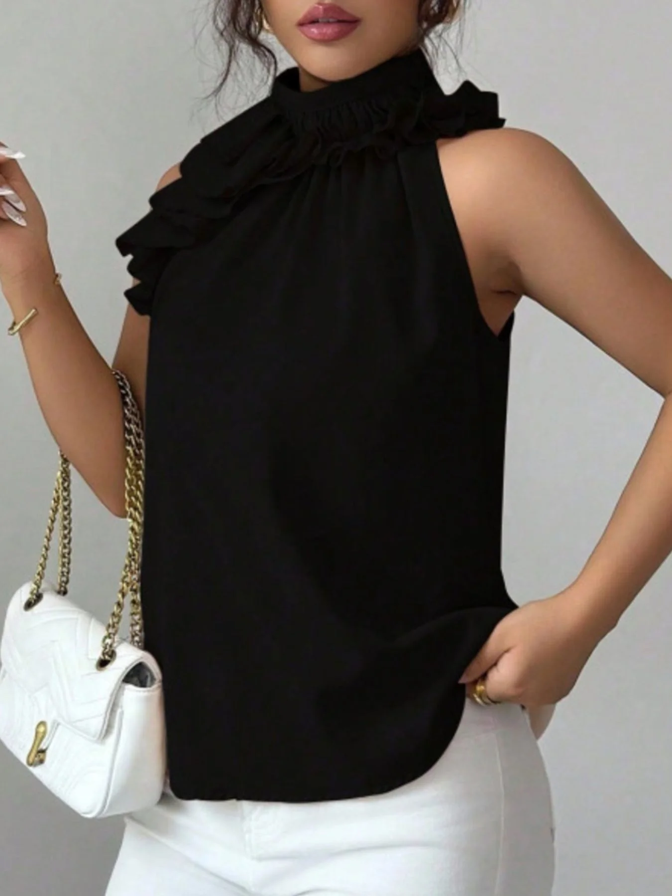 Ruffle High Neck Sleeveless Top - Image 21