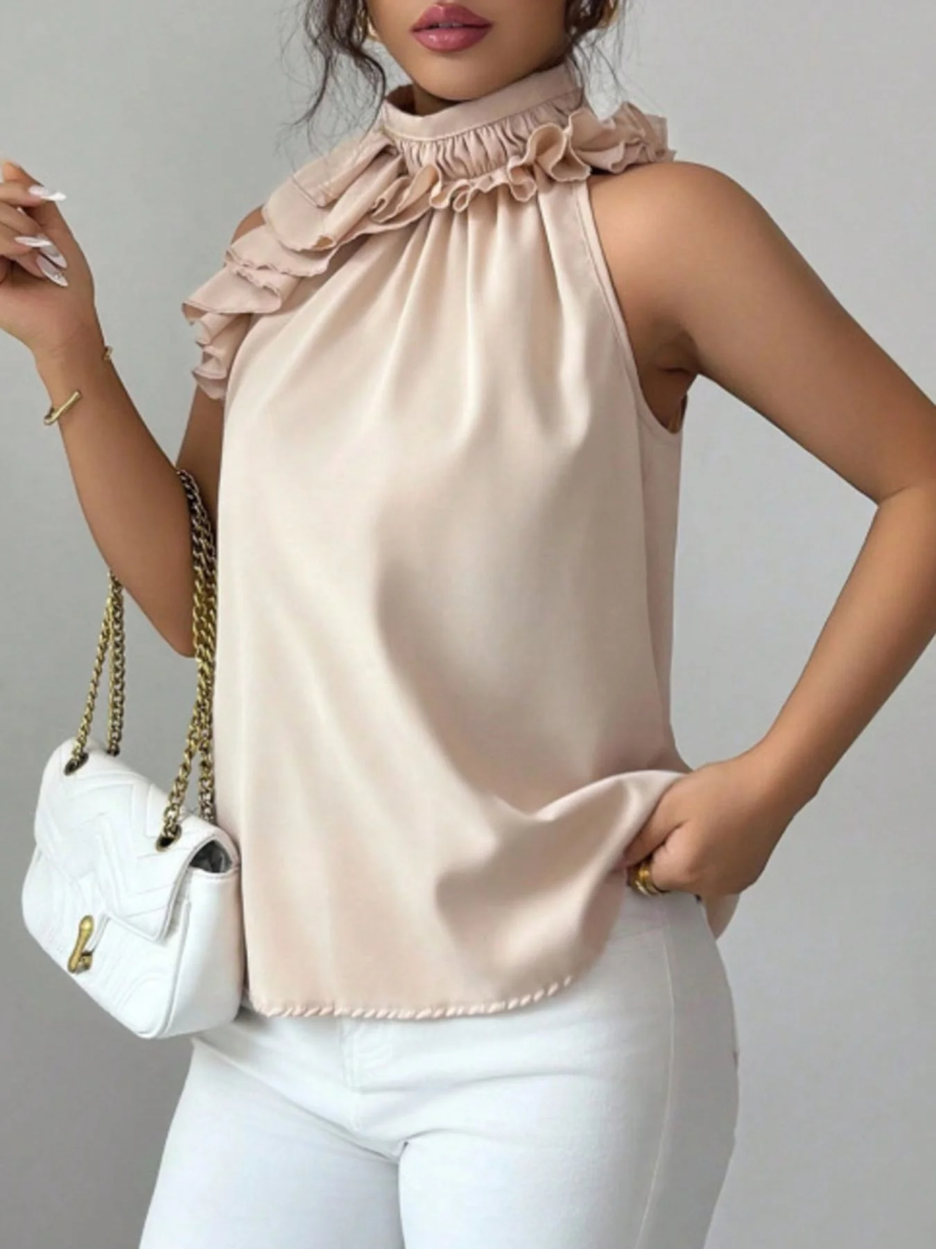 Ruffle High Neck Sleeveless Top - Image 3