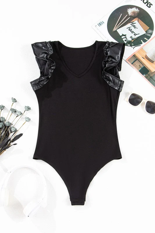 Ruffle Patchwork Ribbed V Neck Bodysuit - Image 11